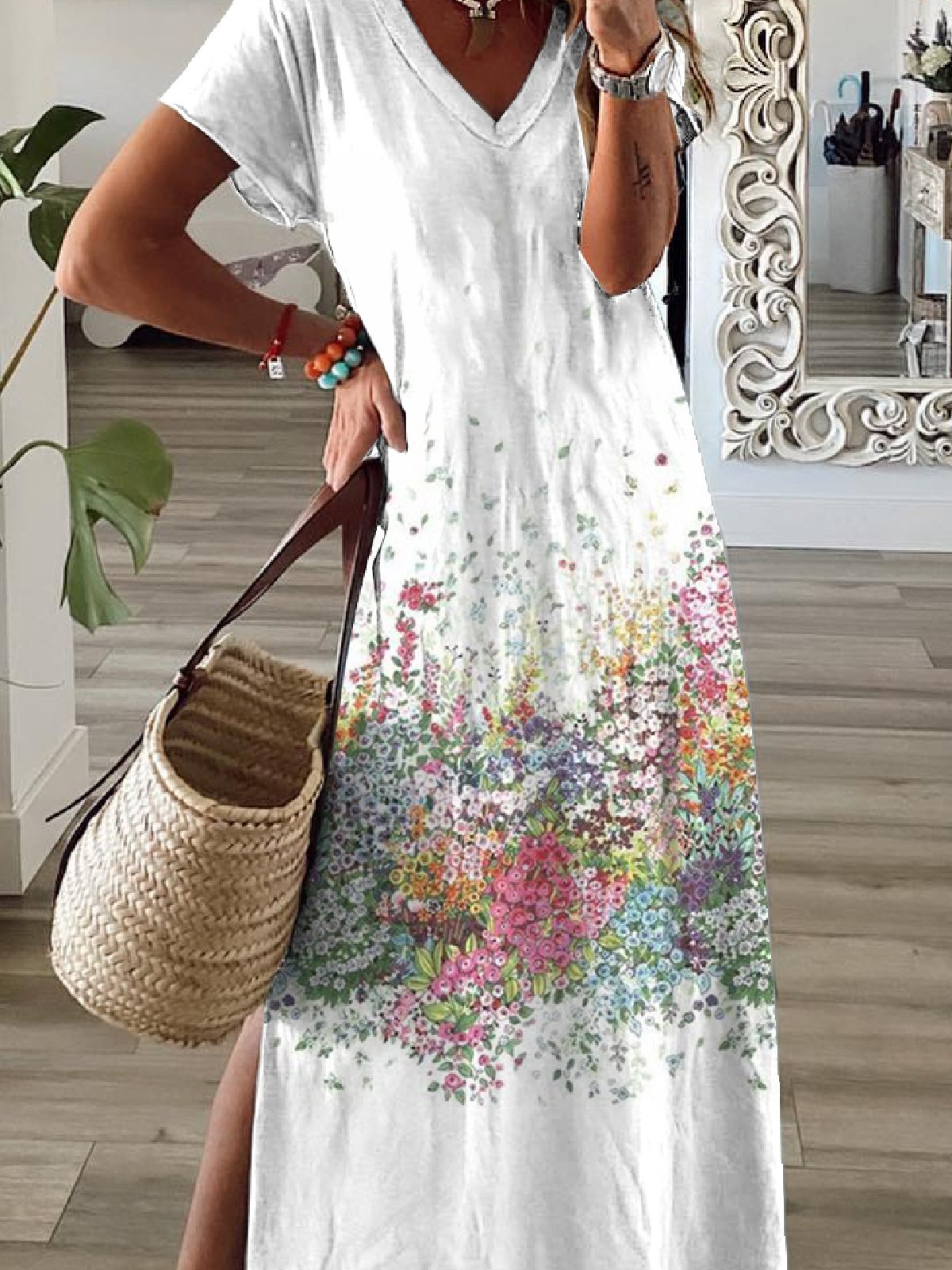 Women's Short Sleeve Summer Floral Dress V Neck Daily Going Out Casual H-Line Dress