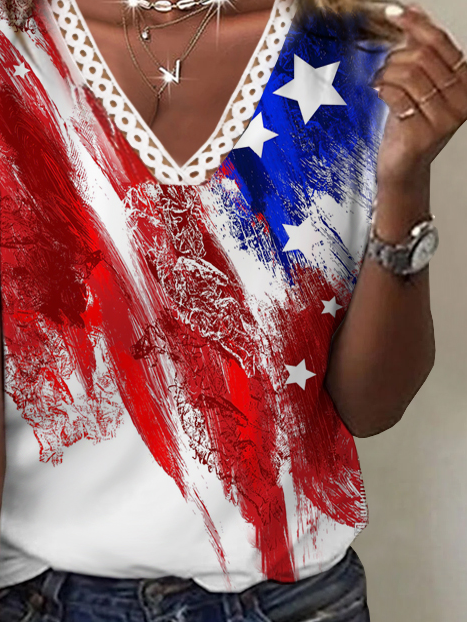 Women's Short Sleeve Tee T-shirt Summer America Flag V Neck Casual Top