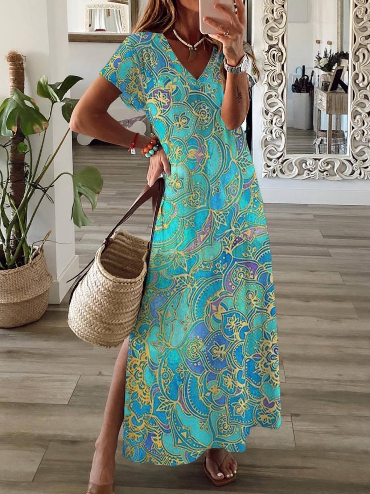 Women's Short Sleeve Summer Paisley Jersey Dress V Neck Daily Going Out Casual H-Line T-Shirt Dress