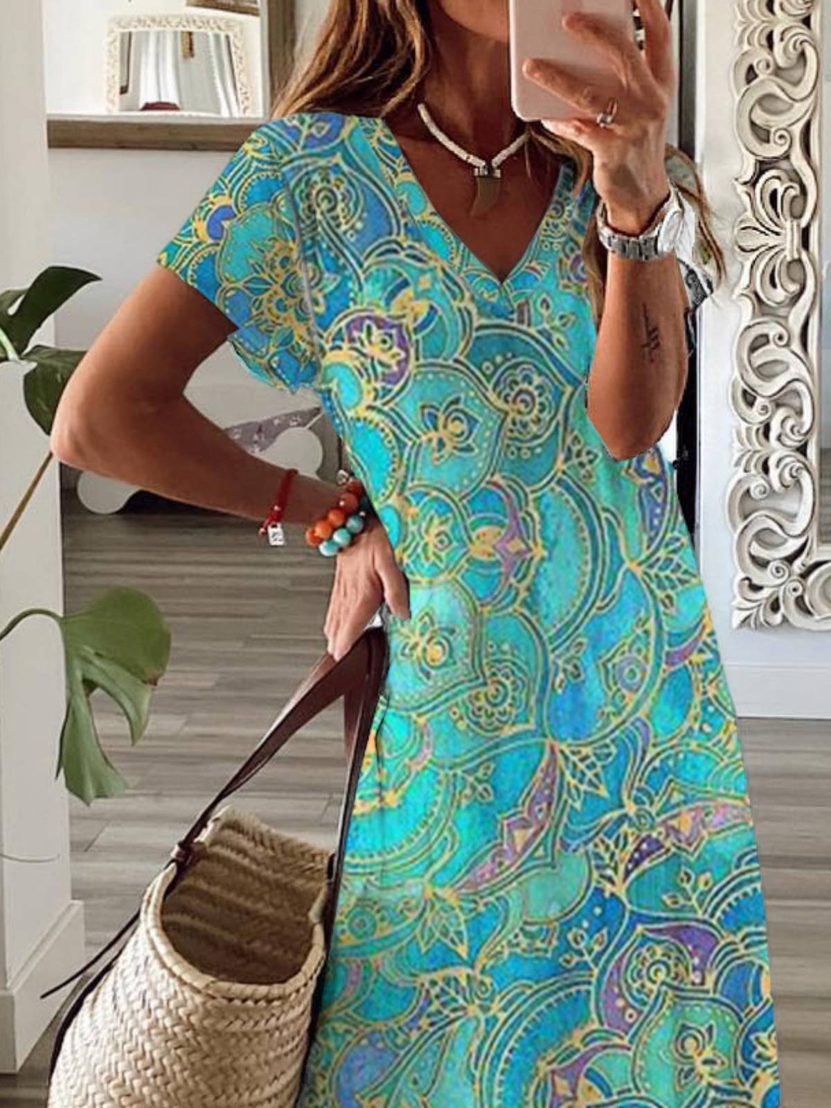 Women's Short Sleeve Summer Paisley Jersey Dress V Neck Daily Going Out Casual H-Line T-Shirt Dress