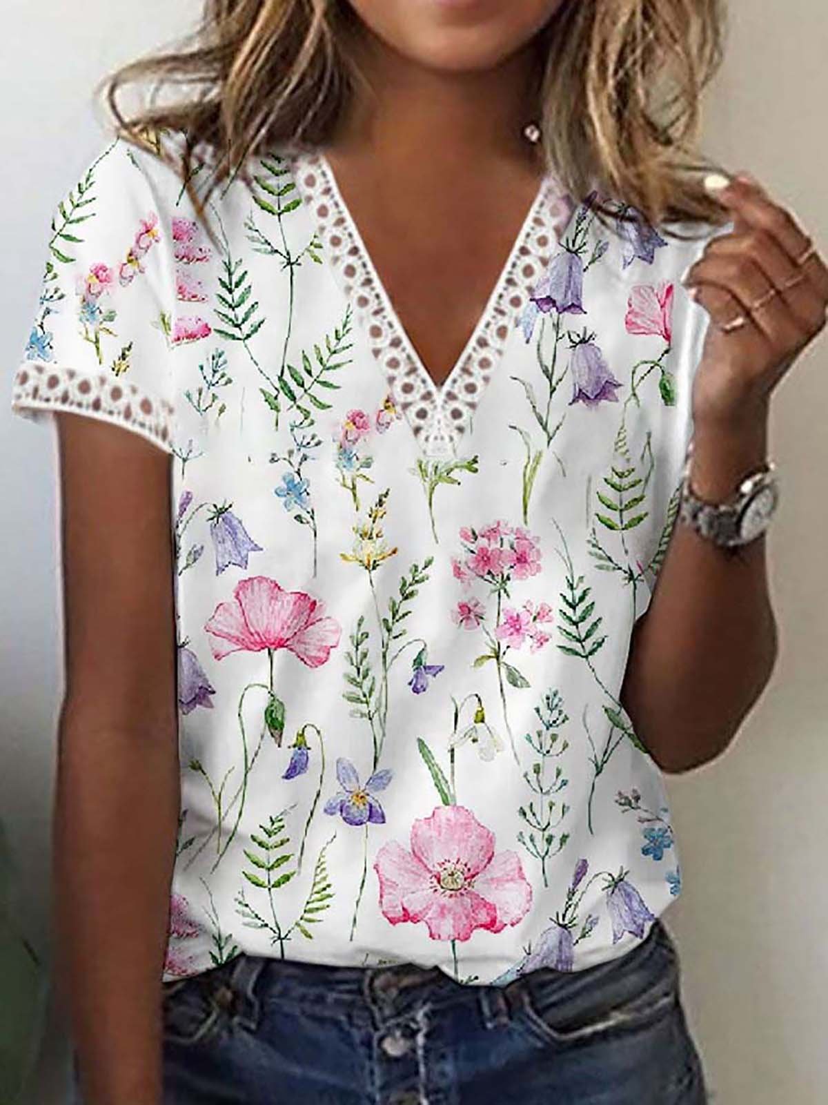 Women's Casual Holiday Weekend Floral T-shirt Short Sleeve Print V Neck ...