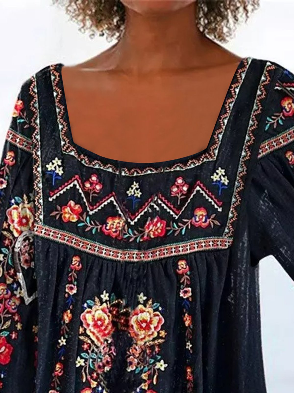 JFN Square Neck Tribal Ruched Three Quarter Vacation Top
