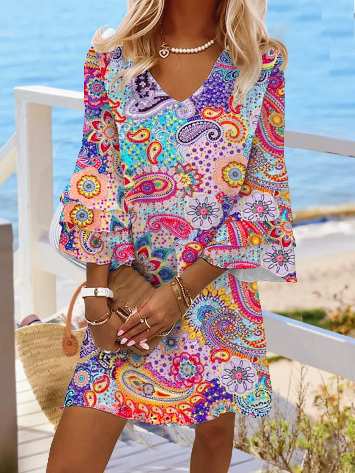 Women's Long Sleeve Summer Paisley Peplum Dress V Neck Vacation Going Out Vacation Mini H-Line TUNIC