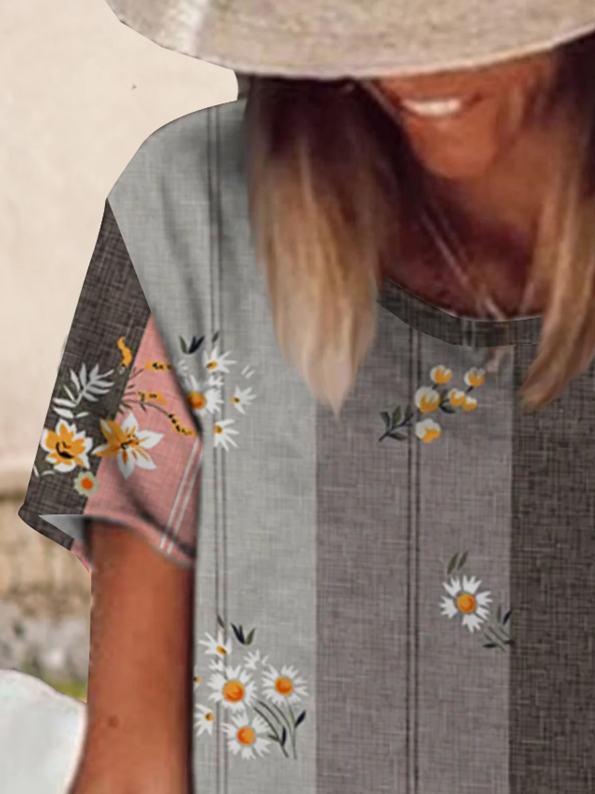 Vintage stripe floral print loose Pullover T-shirt Plus Size