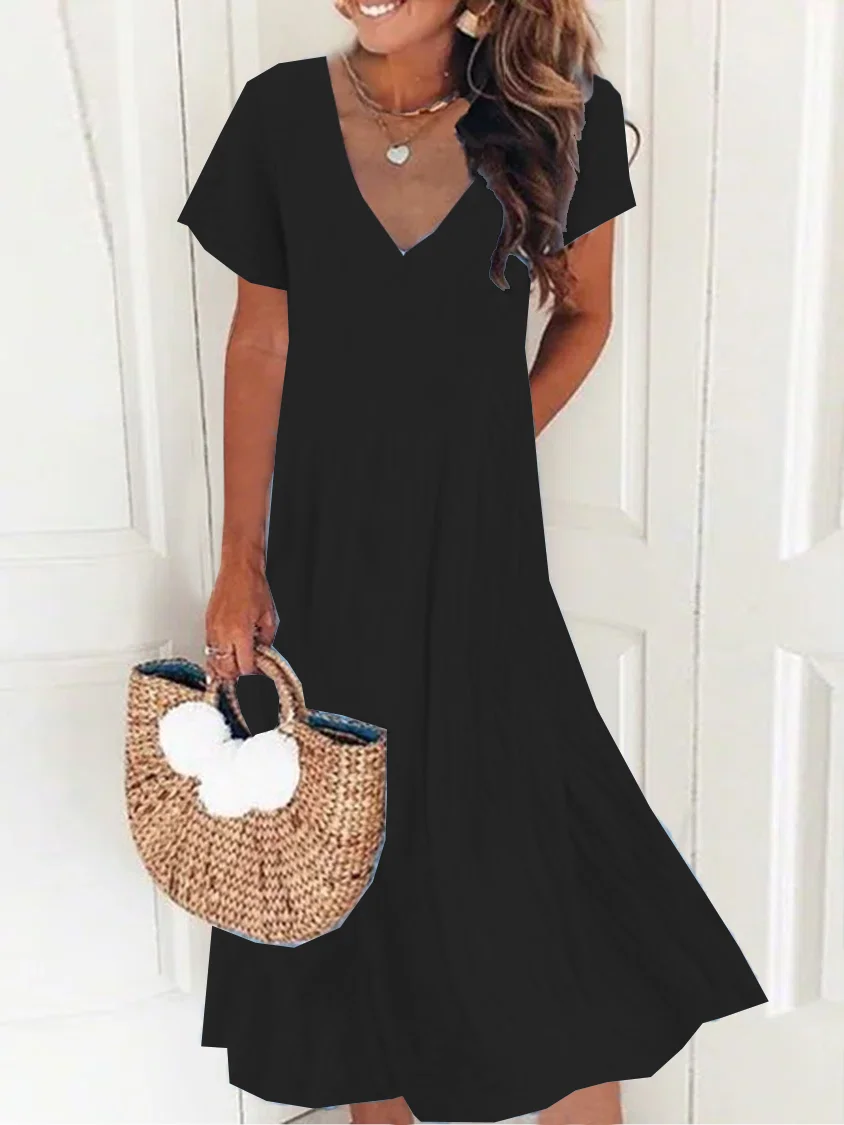 Women's Short Sleeve Summer Plain Dress V Neck Daily Going Out Casual Midi H-Line Dress