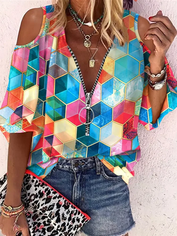 Casual Geometric Print Cold Shoulder Top