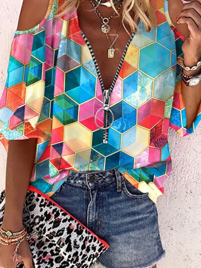 Casual Geometric Print Cold Shoulder Top