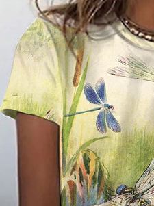 Summer Dragonfly Design Crew Neck Knit Short Sleeve T-Shirt