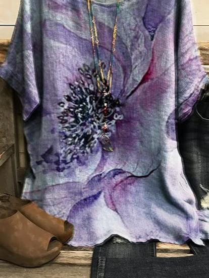 JFN Crew Neck Floral Casual Vacation Top Purple
