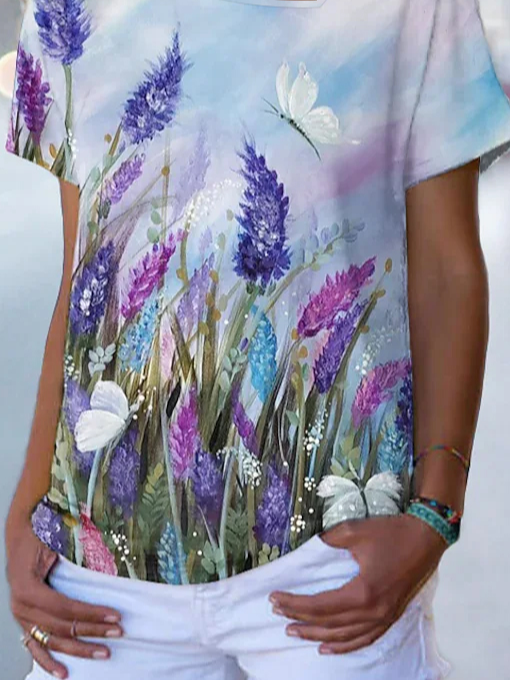 JFN Asymmetric Square Neck Lavender Butterfly Casual Plants T-Shirt/Tee