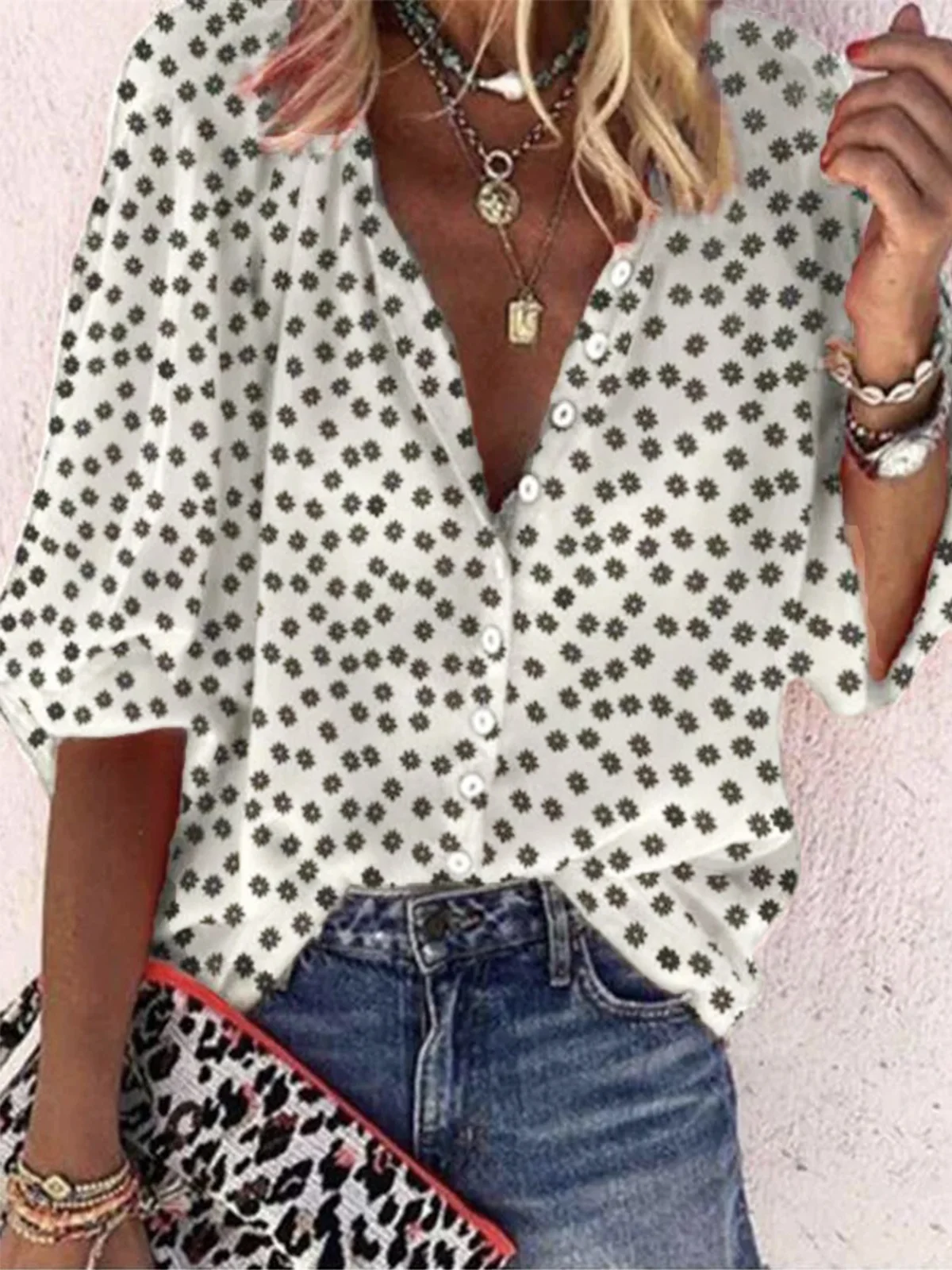 JFN V Neck Floral Printed Casual Geometric Half Sleeve Shirt