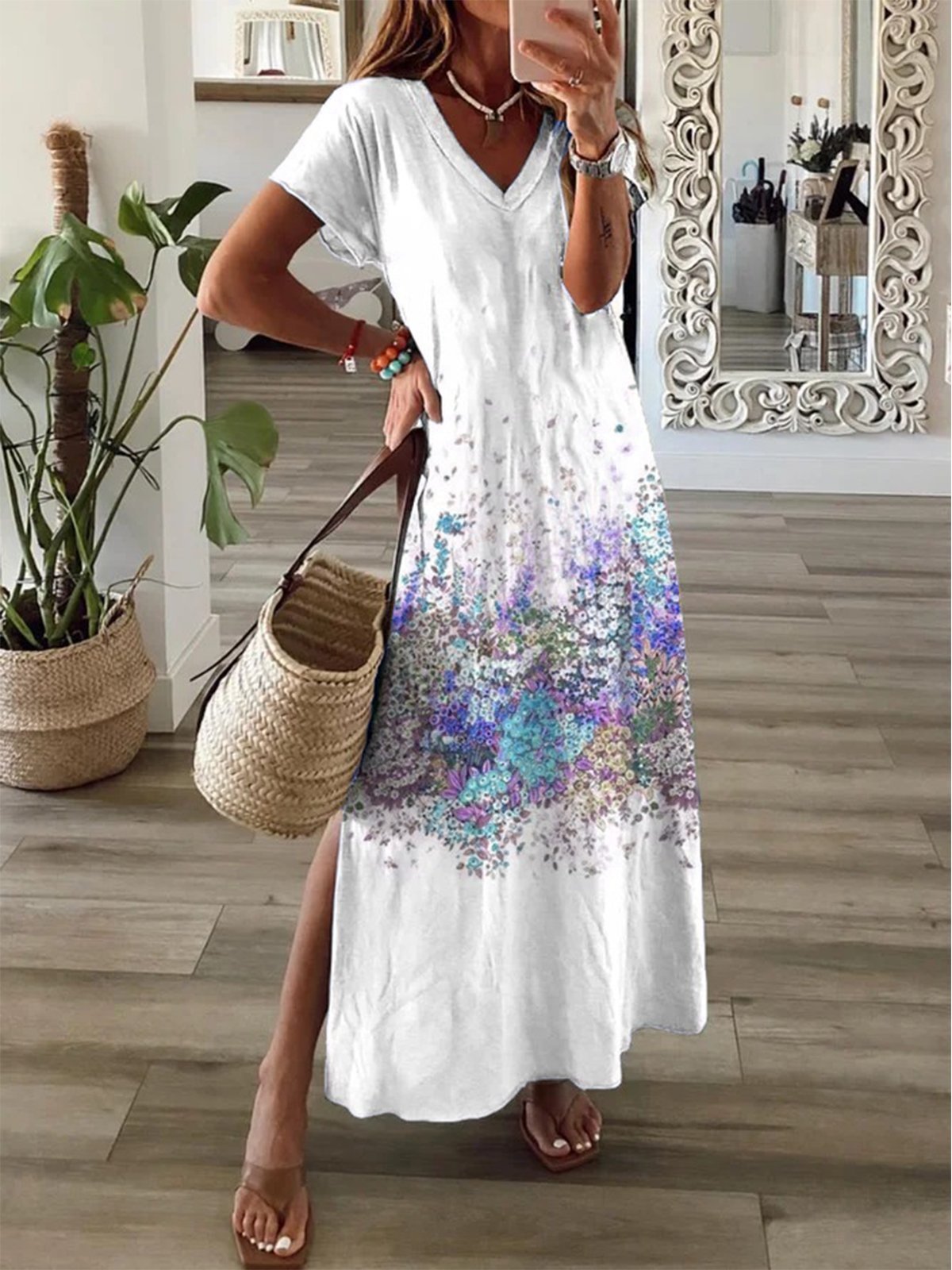 Women's Short Sleeve Summer Floral Dress V Neck Daily Going Out Casual H-Line Dress