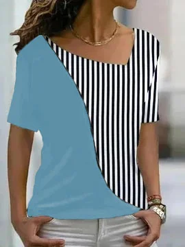 JFN Asymmetrical Neck Striped Color Block Basic Casual T-Shirt/Tee