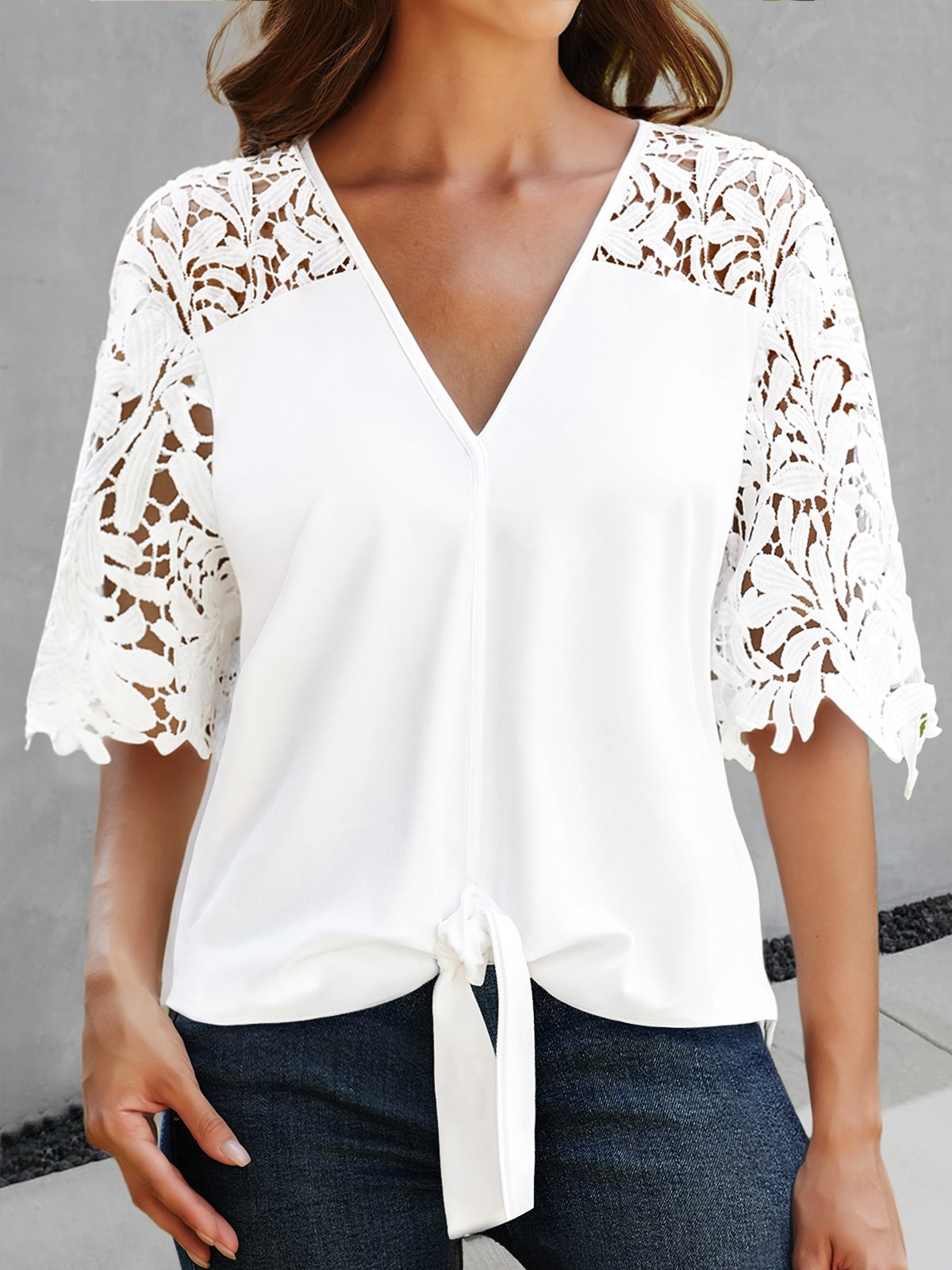 JFN V Neck Lace Casual Plain Knot Front Loose Top | justfashionnow