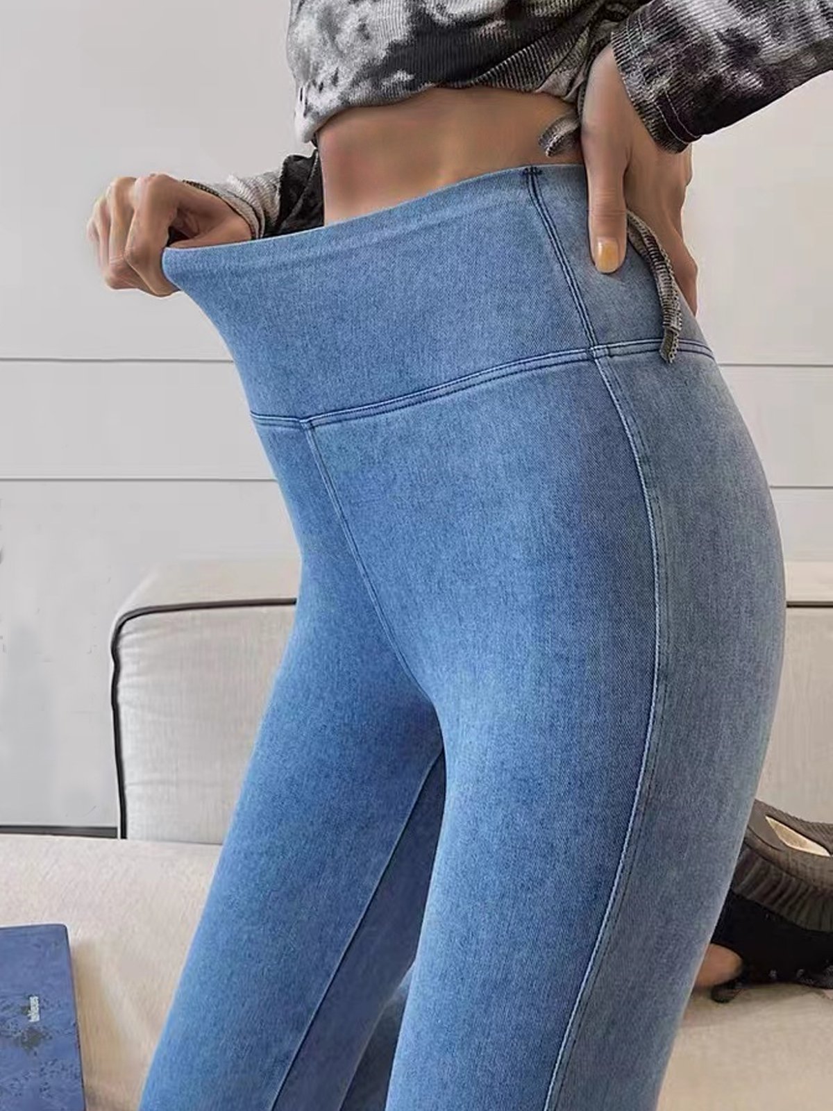 JFN High Waist Elastic Plain Washed Denim Leggings