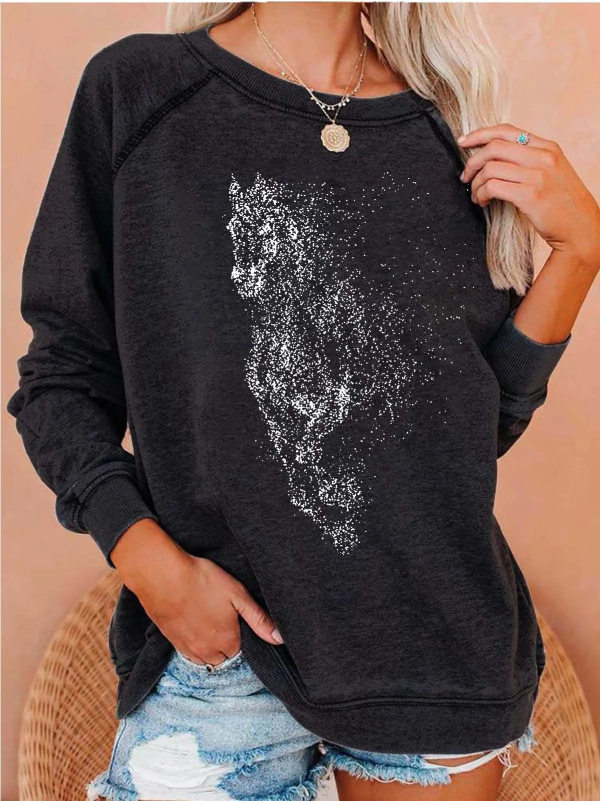 Women Animal Crew Neck Casual Spring/Fall Long Sleeve Sweatshirt