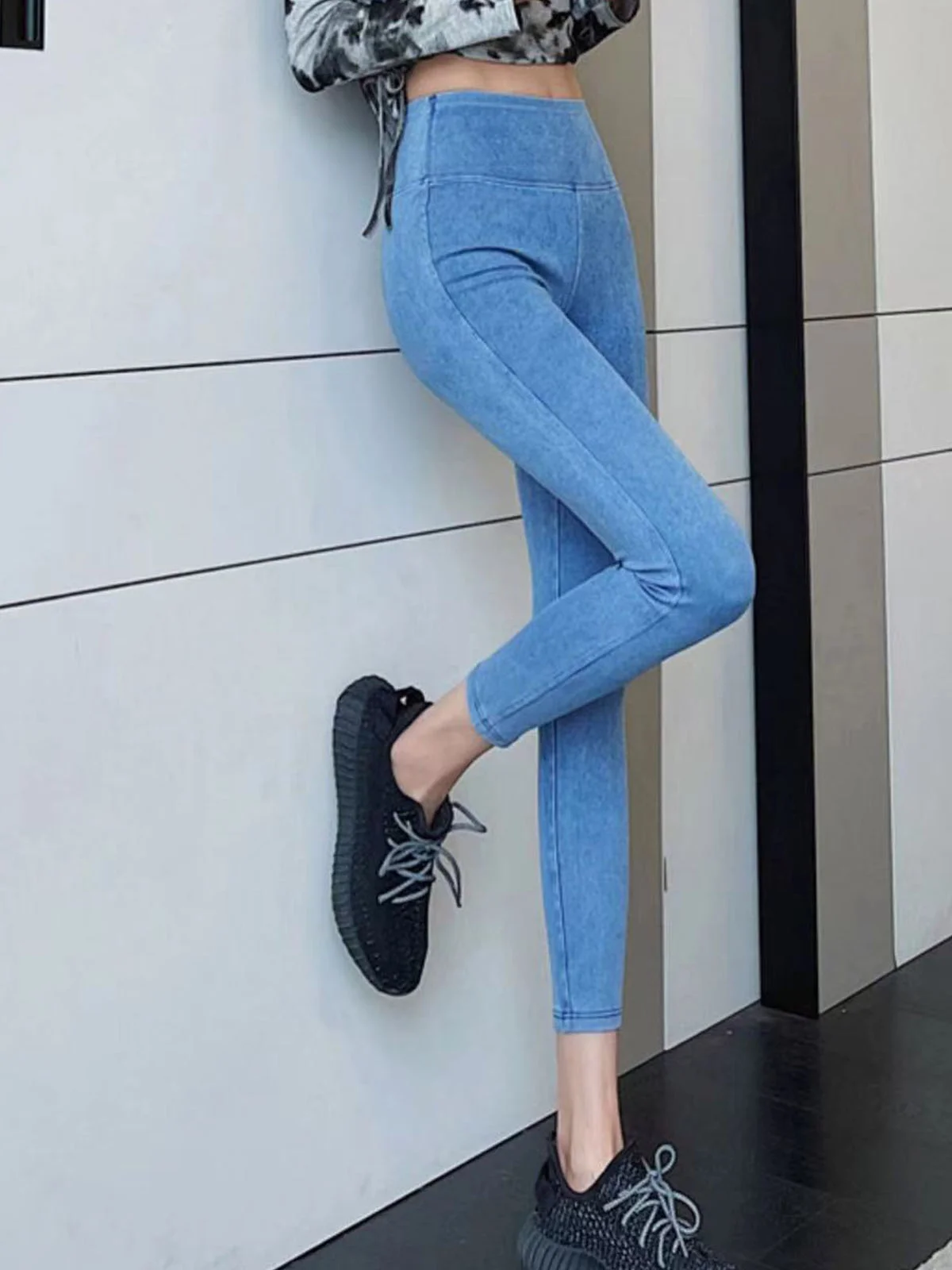 JFN High Waist Elastic Plain Washed Denim Leggings