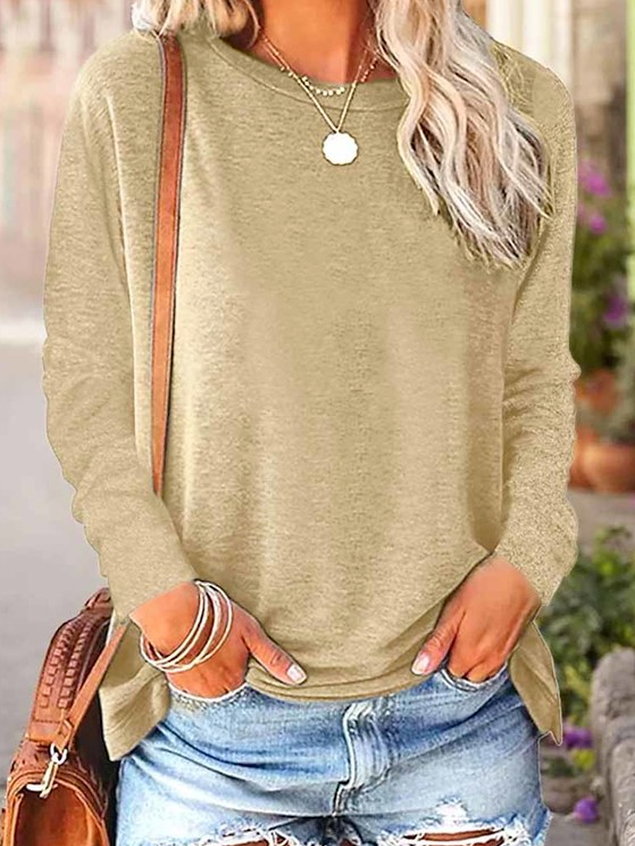 Women's Long Sleeve Blouse Spring/Fall Plain Cotton-Blend Crew Neck Daily Going Out Simple Top Black