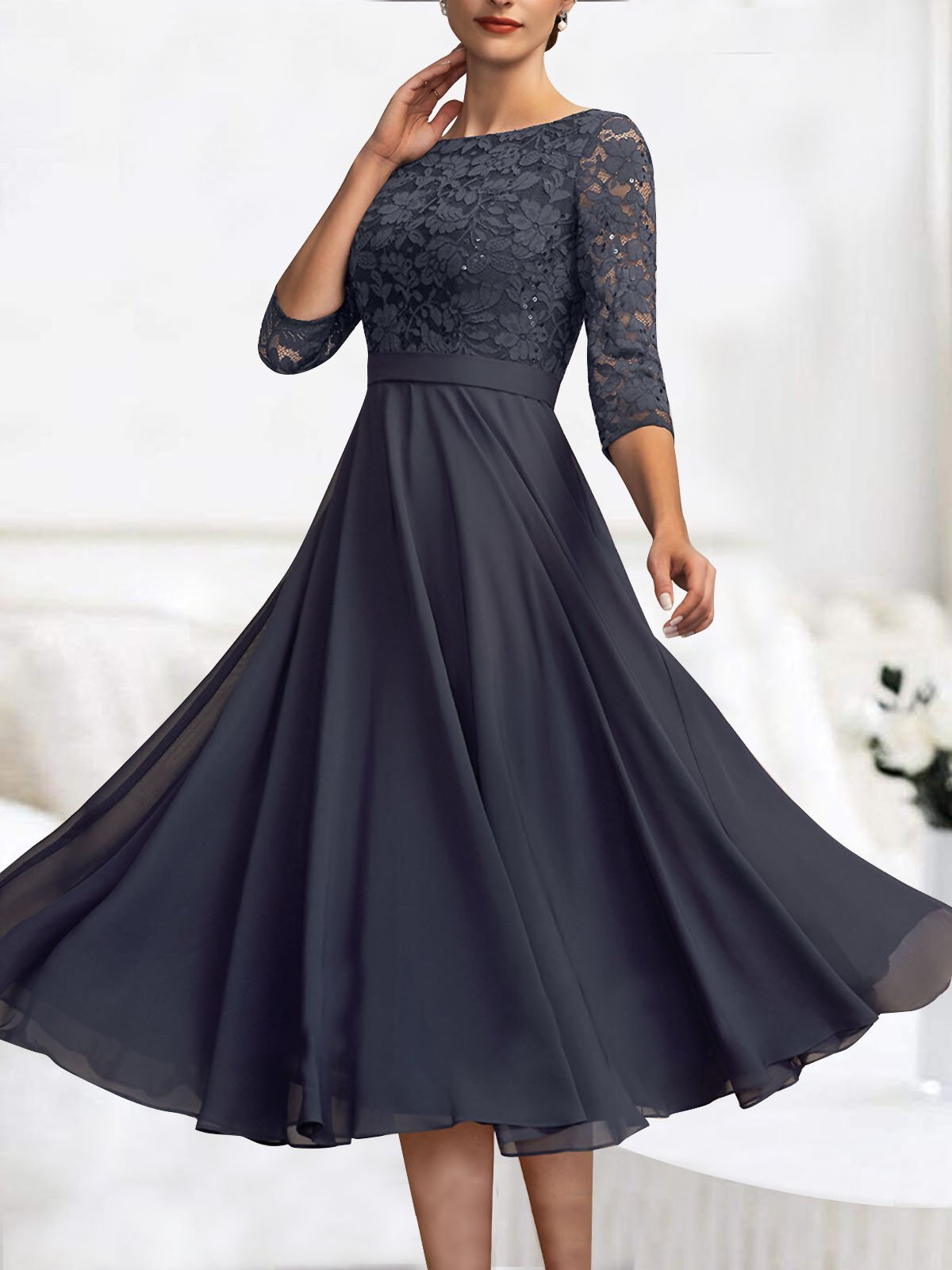 Wedding Party Lace Chiffon Zip 3/4 Sleeve Midi Formal Dress ...