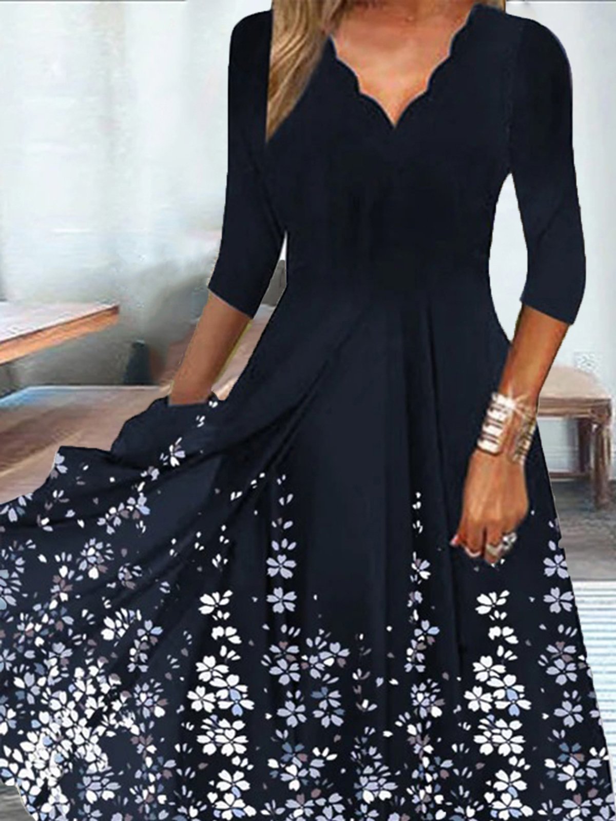 Women's Three Quarter Sleeve Spring/Fall Floral Dress V Neck Daily Going Out Casual Maxi A-Line T-Shirt Dress