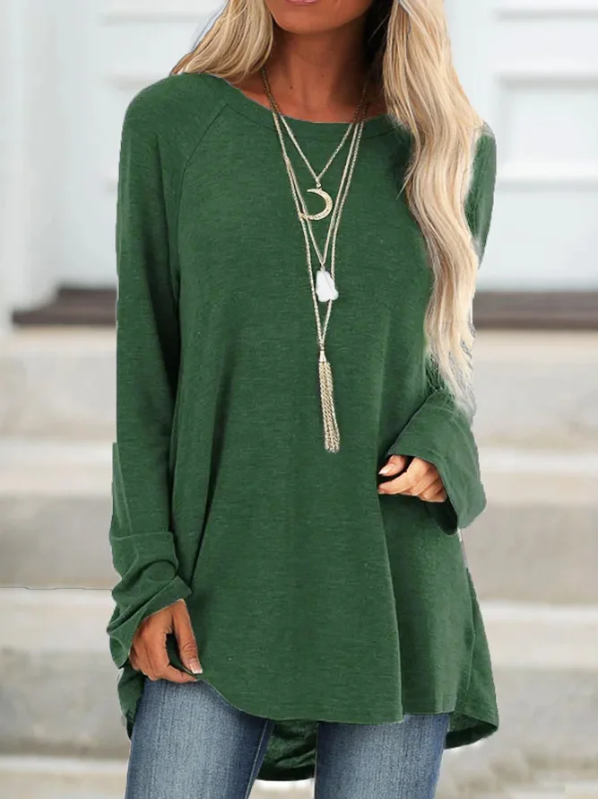 Solid Round Neck Loose Long Sleeves T-shirt