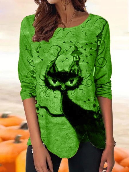 JFN Crew Neck Casual Autumn Cat Daily Halloween Long sleeve Top