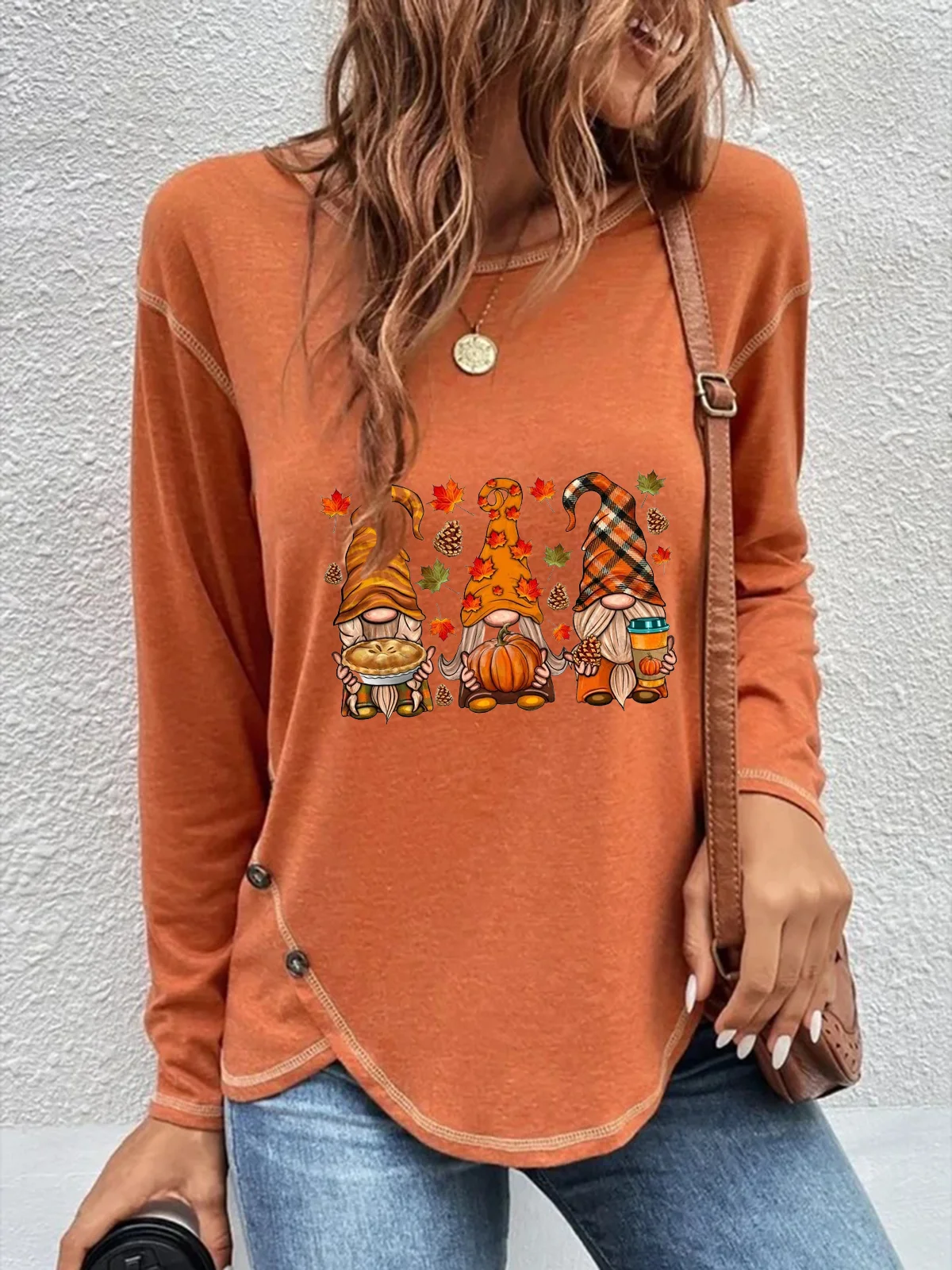 Women's Long Sleeve Tee T-shirt Spring/Fall Halloween Buttoned Crew Neck Holiday Going Out Casual Top