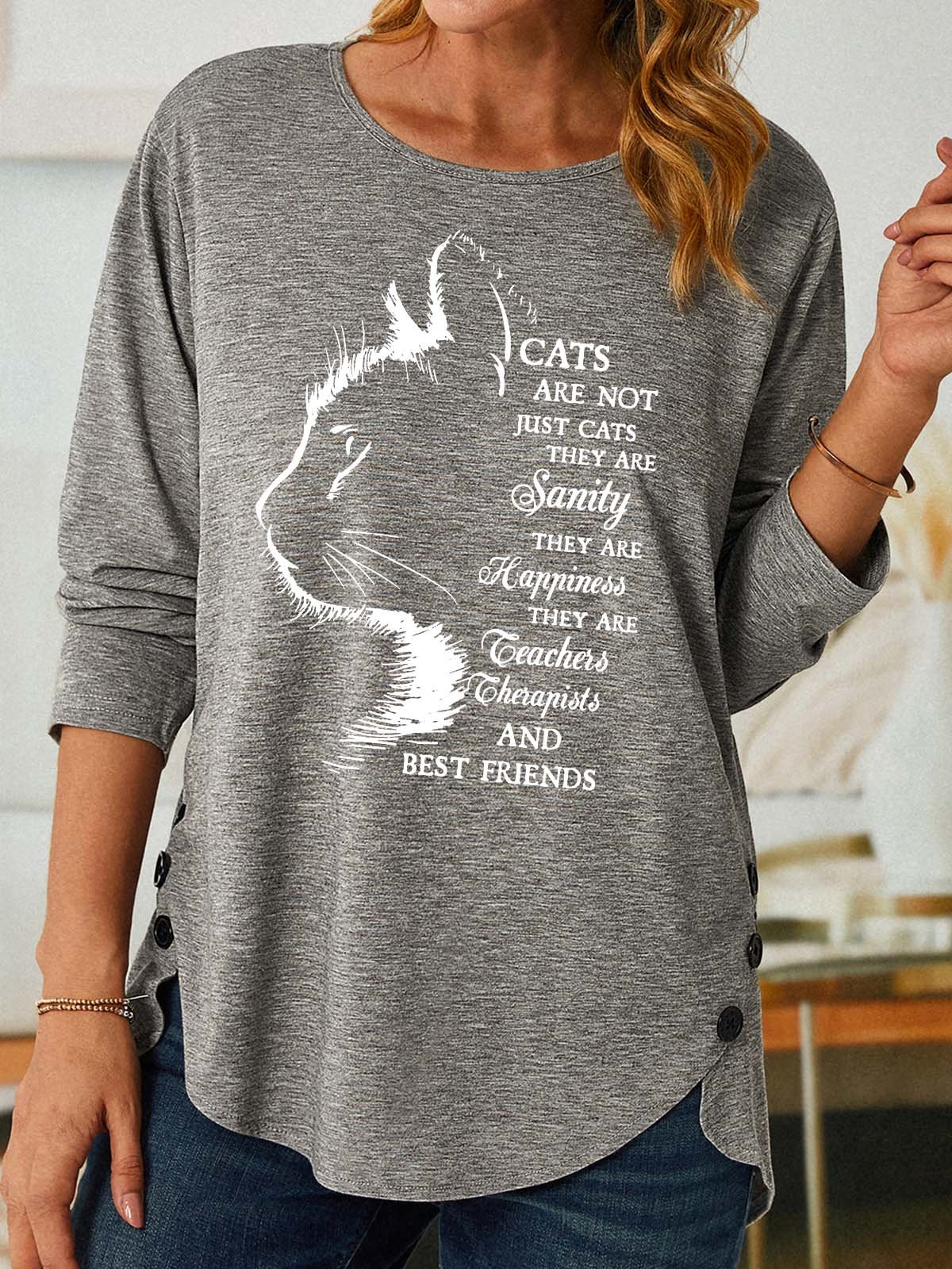 Women's Long Sleeve Blouse Spring/Fall Cat Cotton Crew Neck Daily Going Out Casual Top