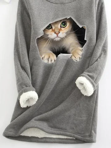 Crew Neck Cat Casual Warmth Sweatshirt