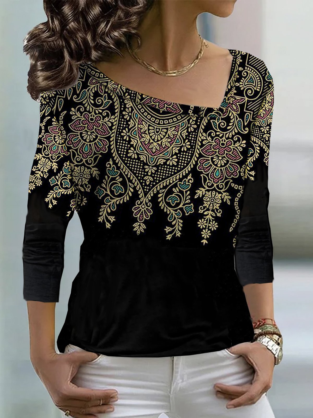 Women's Long Sleeve Tee T-shirt Spring/Fall Ethnic Asymmetrical Casual Top