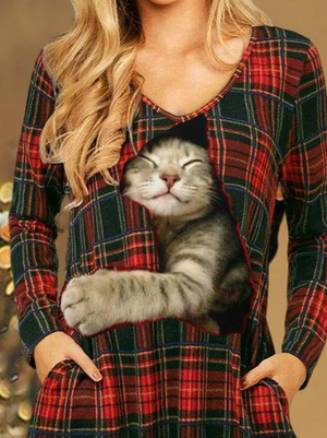 Christmas V Neck Cat Casual Dress