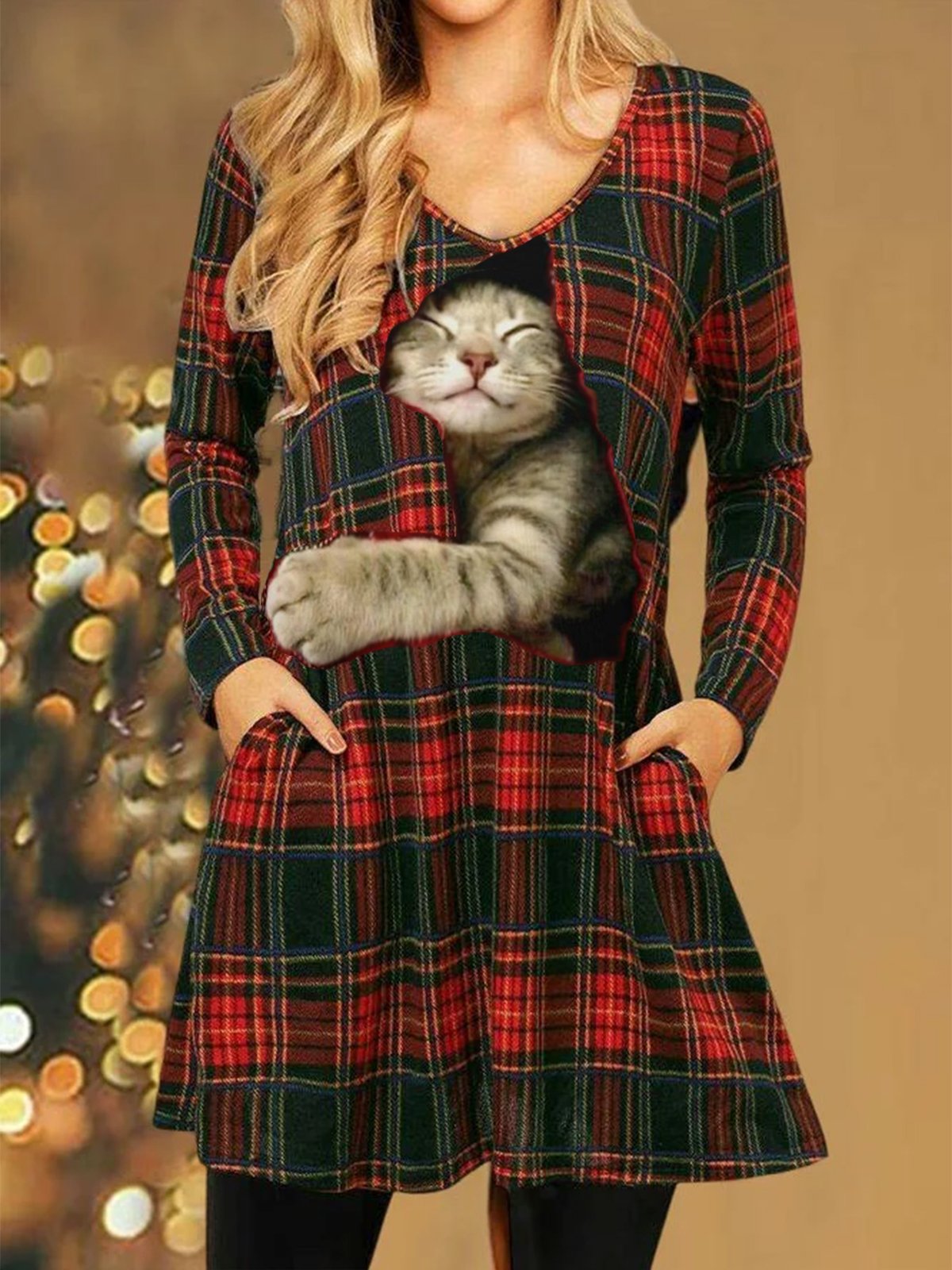 Christmas V Neck Cat Casual Dress