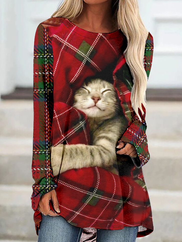 Womens Christmas Cat Plaid Crew Neck Top