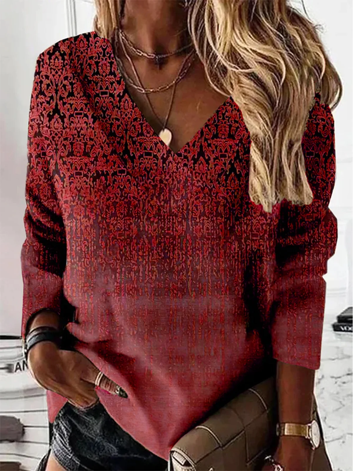 Ethnic Long Sleeve V Neck Casual Sweatshirt