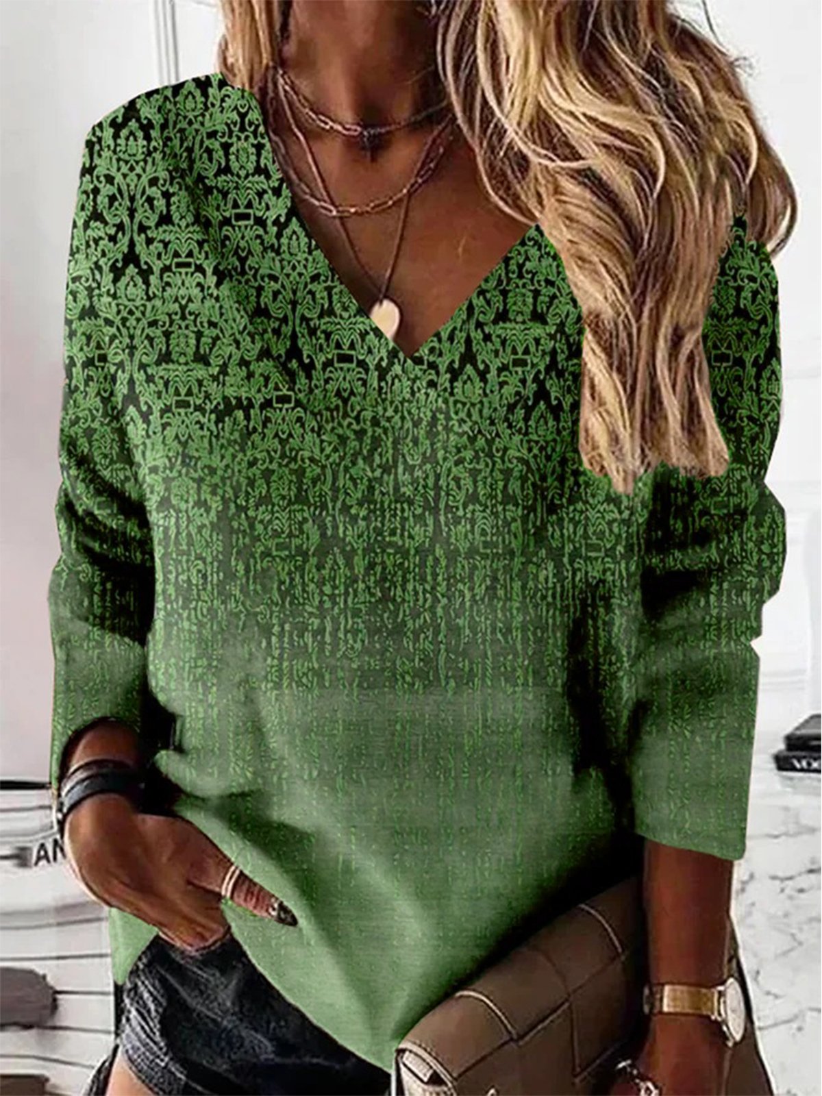 Ethnic Long Sleeve V Neck Casual Sweatshirt