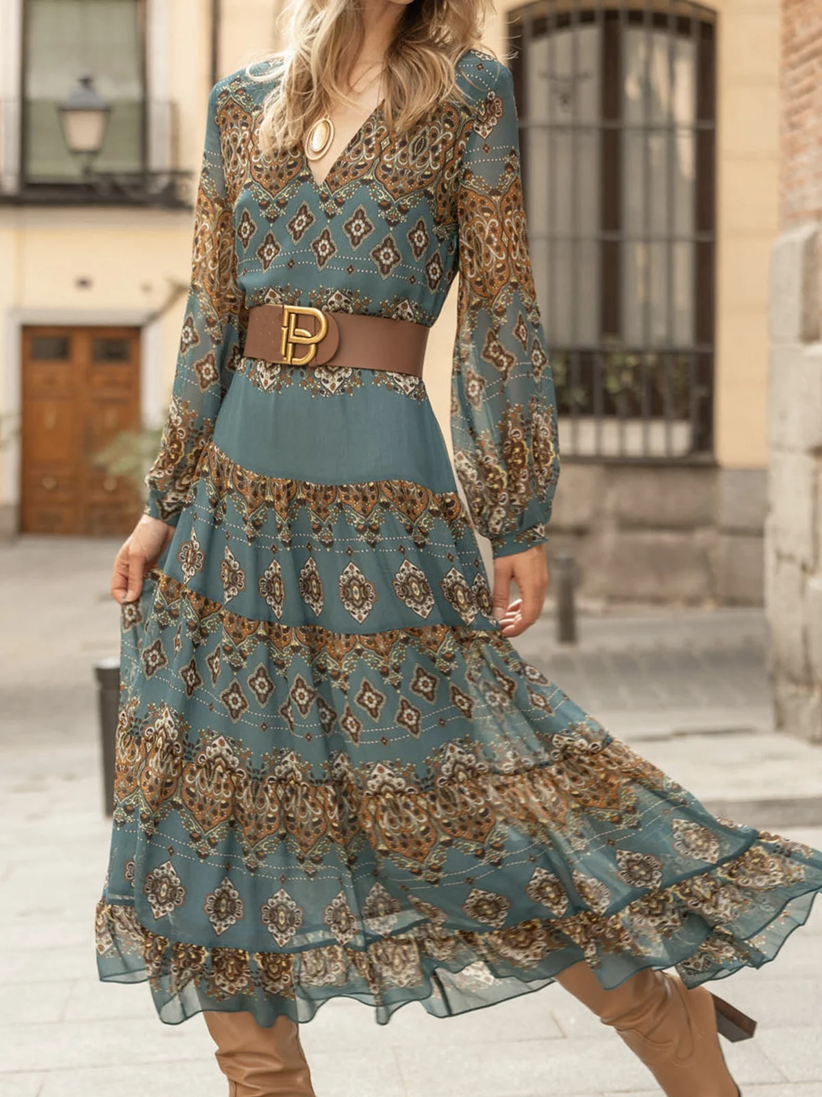 V Neck Chiffon Vacation Ethnic Dress