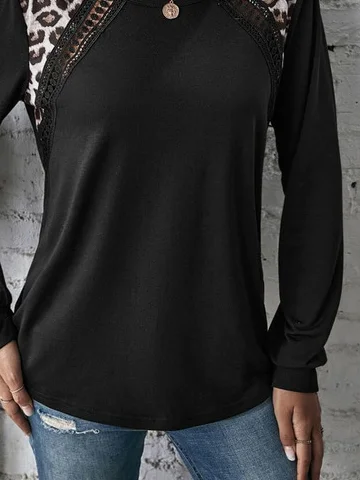 Women's Long Sleeve Tee T-shirt Spring/Fall Color Block Lace Jersey Crew Neck Daily Going Out Casual Top