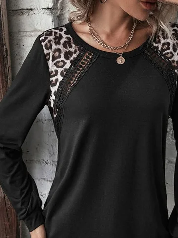 Women's Long Sleeve Tee T-shirt Spring/Fall Color Block Lace Jersey Crew Neck Daily Going Out Casual Top