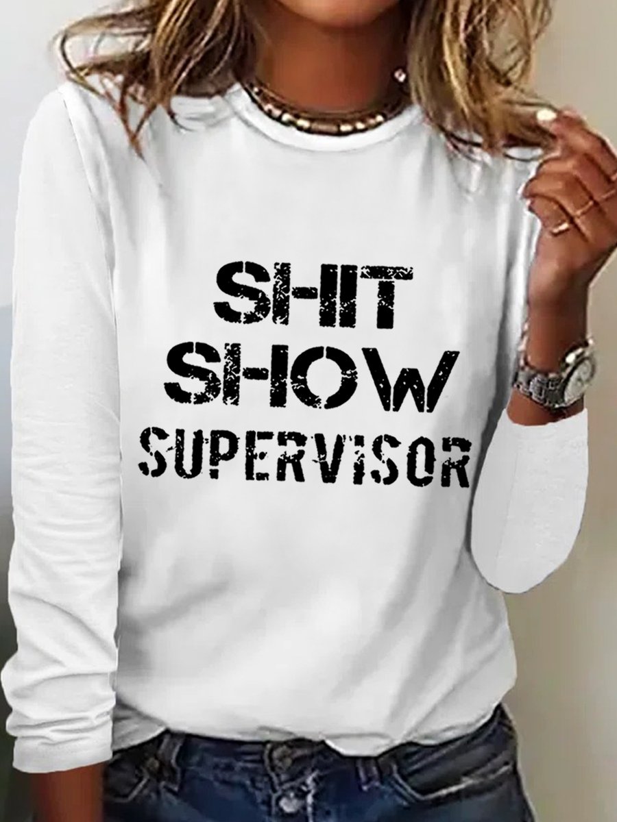 Women's Long Sleeve Blouse Spring/Fall Text Letters Cotton-Blend Crew Neck Daily Going Out Simple Top