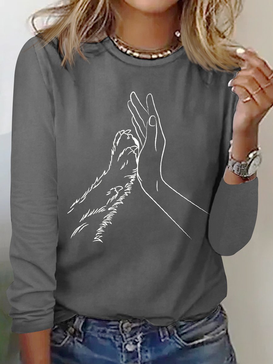 Women's Lover Dog Hand Simple Crew Neck Cotton-Blend Regular Fit Long Sleeve Top