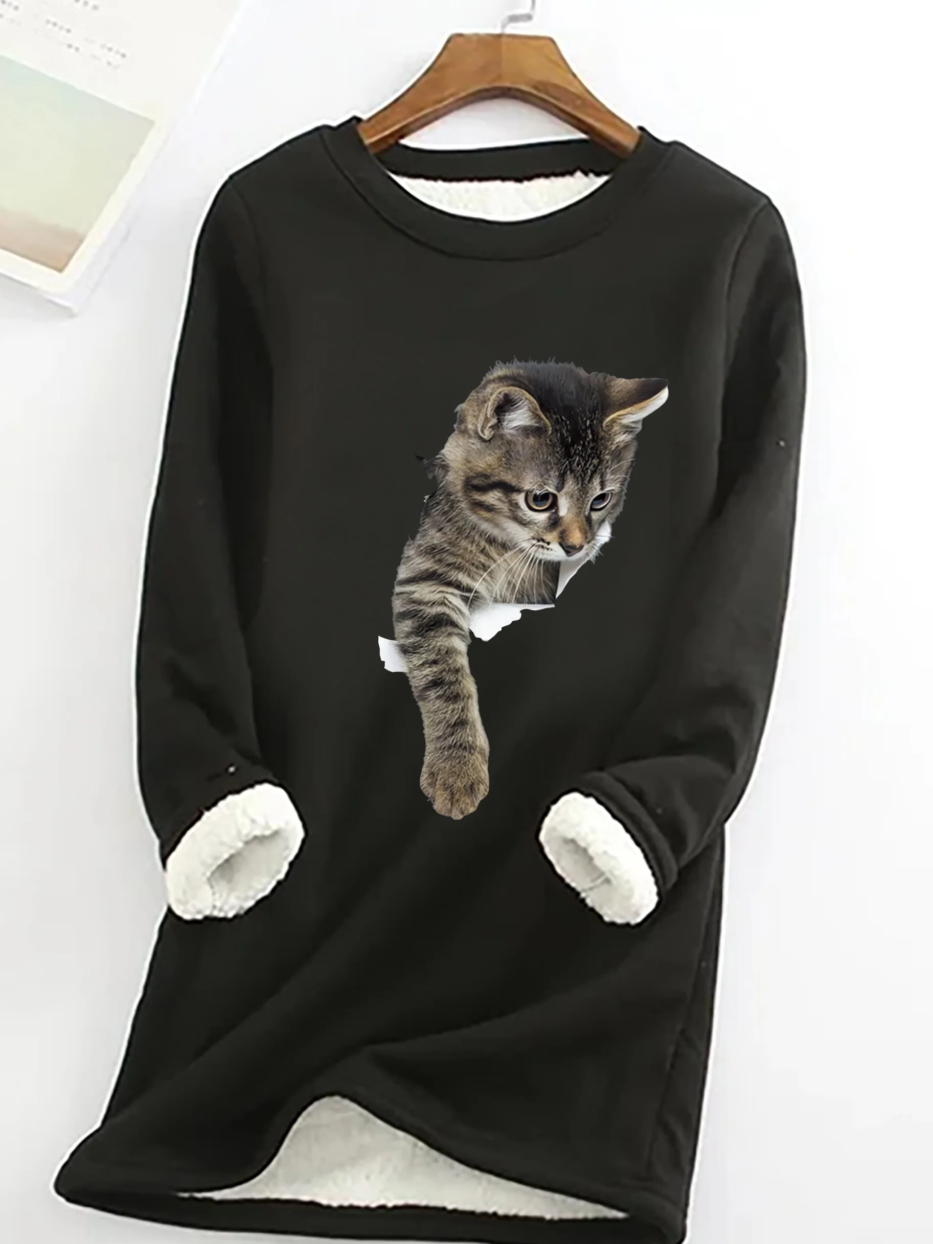 Women's Crew Neck Cat Simple Spring/Fall Long Sleeve Sweatshirt