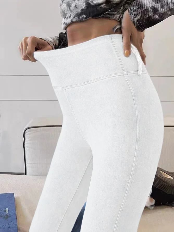 JFN High Waist Elastic Plain Washed Denim Leggings