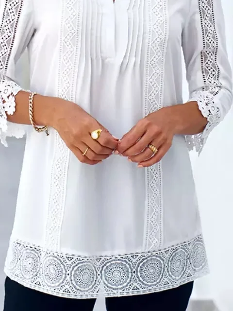 Plain Loose Lace V Neck Casual Blouse