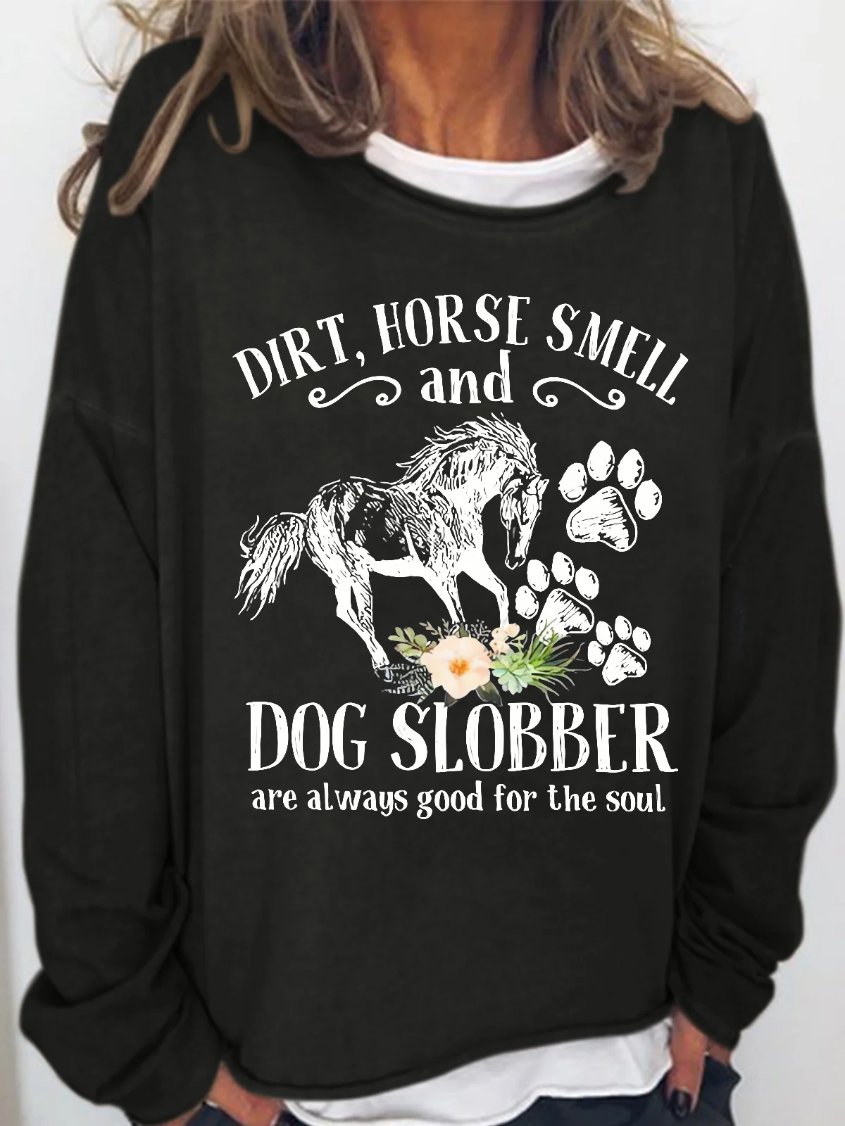 Women's Cute Horse And Dog Flower Dirt Horse Smell Simple Crew Neck Loose Sweatshirt