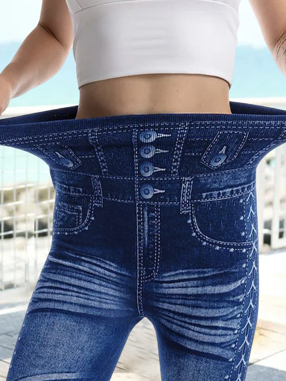 Women's Stretchy Faux Denim Jeans Leggings High Waist Tummy Control Pencil Pants