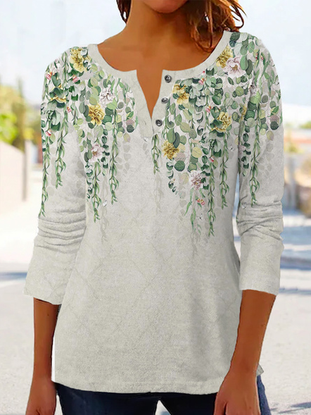 Loose Floral Casual Crew Neck Top