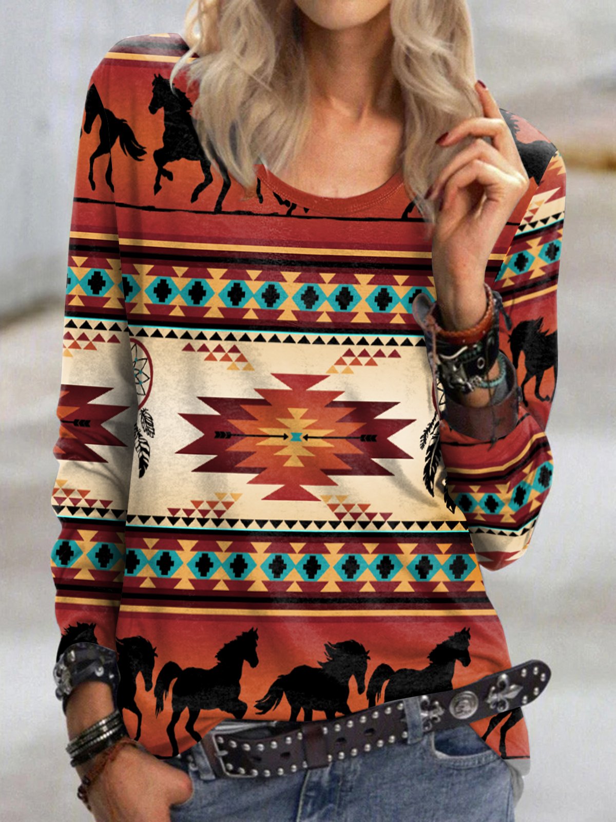 Ethnic Crew Neck Loose T-Shirt