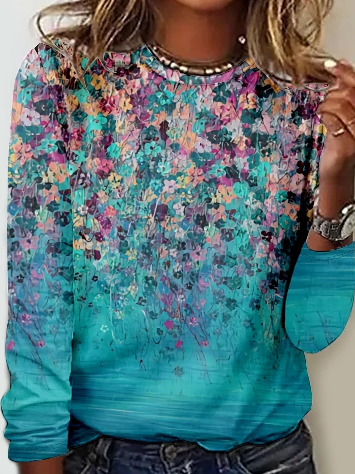 Women's Long Sleeve Blouse Spring/Fall Floral Crew Neck Daily Going Out Simple Top