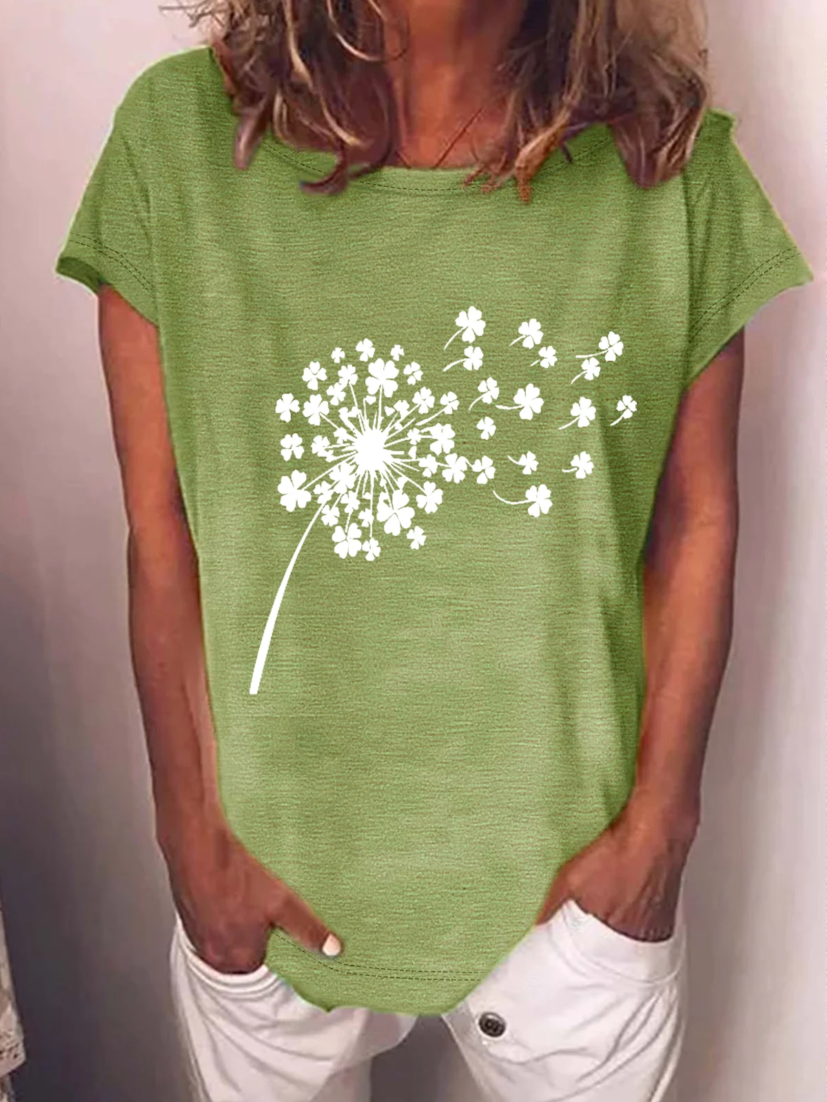 Women's Four-leaf Clover Short Sleeve Tee T-shirt Crew Neck Casual Summer Top