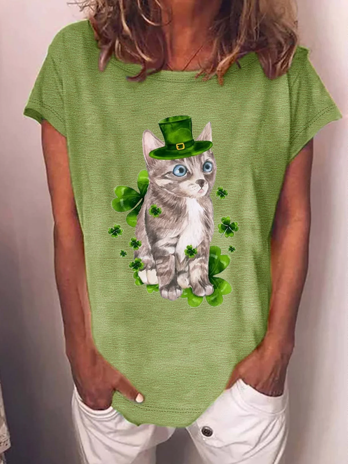 Women's Cat Short Sleeve Tee T-shirt Crew Neck Casual Summer Top